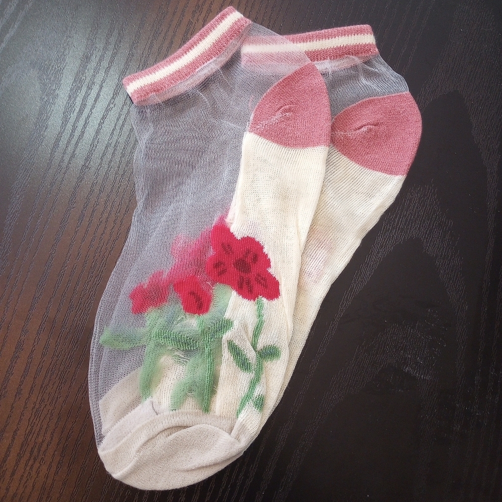 Sheer Socks with Red Floral Design Cream Maroon Spring Summer Lace Ankle Socks